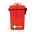 A waterproof red first aid kit with a white cross and an attached rope for easy carrying.