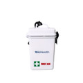 A waterproof white first aid kit with a handle, featuring a logo and a green cross symbol.