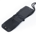 A black ripstop water-resistant pouch with a zippered compartment and a cord for carrying. It features a logo.