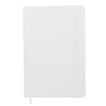 A white A5 notebook with a textured cover, featuring an elastic band and a ribbon marker. It has a logo on the front.