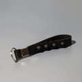 A black key chain stress reliever with popper buttons and a silver attachment ring.
