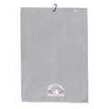 A grey golf towel with a loop for hanging and a logo printed at the bottom.