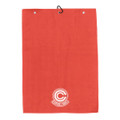 A red golf towel featuring a logo, designed with a hanging hook for convenience.