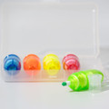 A set of highlighters in a transparent case, featuring bright blue, red, yellow, and green colours.