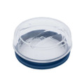 A reusable coffee cup with a clear lid and a dark blue silicone base. It features a branding logo.