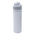 A drink bottle in white with a grey top, featuring a flip cap and a logo on the side.