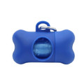 A blue bone-shaped dog waste bag dispenser with a visible compartment for bags and a metal clip.