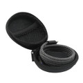 A black carrying case containing a green and black charging cable with textured detailing. The case has a zip closure.