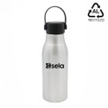 A drink bottle in silver with a black lid and a handle, featuring a logo on the front.