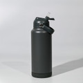 A drink bottle in dark grey, featuring a straw and a carrying handle. It has a simple logo on the side.