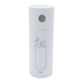 A drink bottle in white, cylindrical shape, with a design resembling a fire extinguisher and a logo on it.