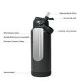 A drink bottle featuring a grey stainless steel exterior, silicone mouthpiece, and a comfort carry handle.
