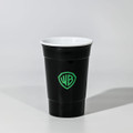 A drink cup featuring a black exterior and a white interior, with a logo on the side.