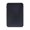 A black power bank with a sleek design, featuring a logo and indicator lights.