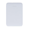 A white power bank with a smooth surface and four indicator lights on the top.