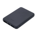 A black 5000mAh powerbank with multiple USB ports and a minimalist design, featuring a logo on the side.