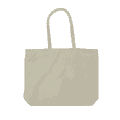 A large tote bag in a neutral beige colour, featuring two handles and a logo.