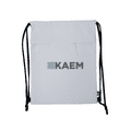 A white drawstring bag featuring black straps and a branding logo on the front.