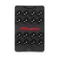 A black suction phone wallet with multiple suction cups and a logo, designed for attaching to surfaces.