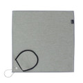 A grey golf towel with a black loop and branding tag, featuring a sleek and simple design.