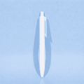 A white plastic ballpoint pen with a clip and a smooth, sleek design against a light blue background.
