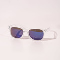 Clear-frame sunglasses with gradient purple lenses, displayed against a light background.