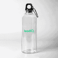 A drink bottle made of clear plastic with a black lid and a carabiner, featuring a logo.