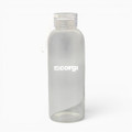A drink bottle made of clear borosilicate glass with a screw-on lid and a logo.