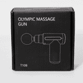A black box containing the Olympic Massage Gun illustration, featuring a logo and a simple design.