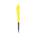 A yellow plastic pen with a transparent barrel and a blue ink tip. The pen features a logo but no other text.
