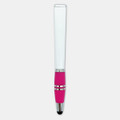 A stylus pen featuring a white upper section and a pink rubber grip, with silver accents and a branding logo.