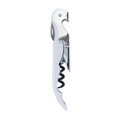 A drink bottle opener in silver and white with a corkscrew and a knife, featuring a logo on the handle.