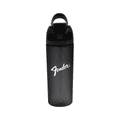A drink bottle in black with a handle and a logo, featuring a sleek, contemporary design.