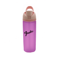 A drink bottle in pink with a beige lid, featuring a logo. Suitable for various beverages.