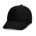 A black cap with a rounded crown and a curved brim, featuring a small logo on one side.