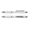 A stylus pen in white with silver accents, featuring a logo. Two pens are displayed.