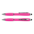 A pink stylus pen with a shiny silver clip and detailing, featuring a dual-tip design.