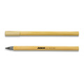 A bamboo pen with a black nib and a natural wood finish, featuring a logo.