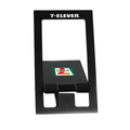 A black foldable phone stand featuring a logo, designed for holding mobile devices securely.
