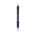 A purple and black pen with a silver tip and grip, featuring a branding logo.