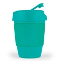 A reusable coffee cup featuring a silicone band, designed in a bright teal color with a matching lid.