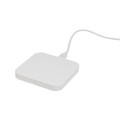 A sleek, square wireless charger in white with a connected cable.