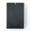 A black wireless charger with a sleek design, featuring a small indicator light at the top.