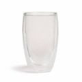 A double wall glass cup in clear glass, featuring a sleek, modern design and an interior that creates an insulated effect.