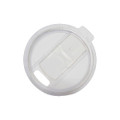 A coffee cup lid, clear and designed to fit a reusable coffee cup, featuring a sliding opening for sipping.