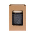 A reusable coffee cup with a dark RPET band, packaged in a cardboard box with a clear viewing window.