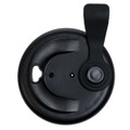 A black snap lid for a reusable coffee cup, featuring a button and a small opening for drinking.
