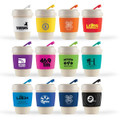 A collection of reusable coffee cups in various colors, featuring silicone bands and diverse logos.