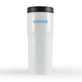 A drink bottle with a white body and black lid, featuring a logo in blue. Suitable for travel.