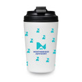 A reusable coffee cup in white with a black lid, featuring a logo and turquoise geometric patterns.